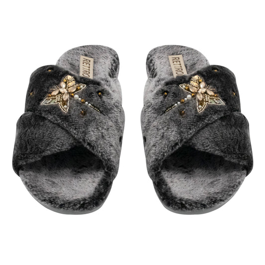 Sofia Charcoal Luxury Plush Diamanté Embellished Handmade Slipper