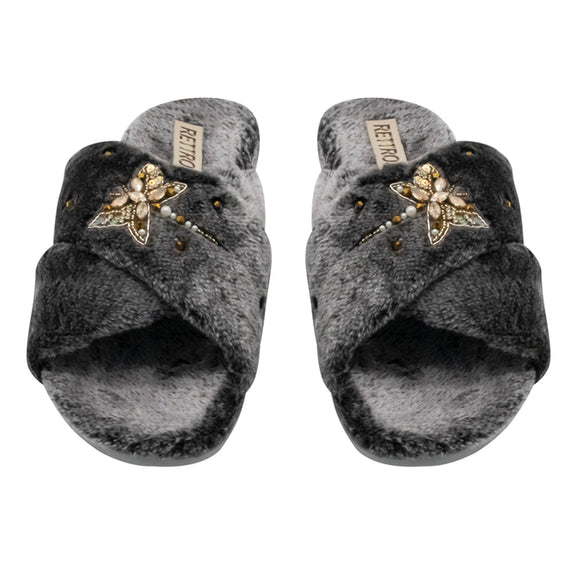 Sofia Charcoal Luxury Plush Diamanté Embellished Handmade Slipper