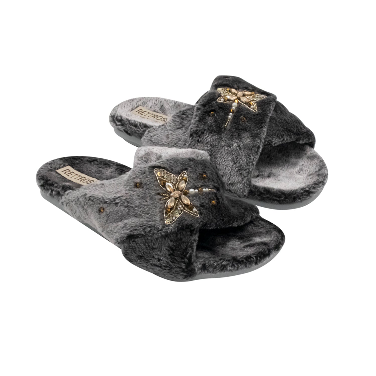 Sofia Charcoal Luxury Plush Diamanté Embellished Handmade Slipper