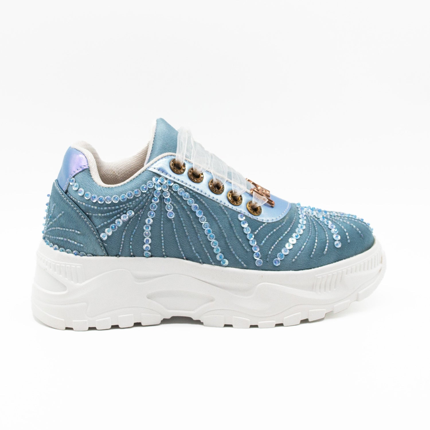 Sofia Luxury Dusky Blue Satin Handmade Embellished Trainers