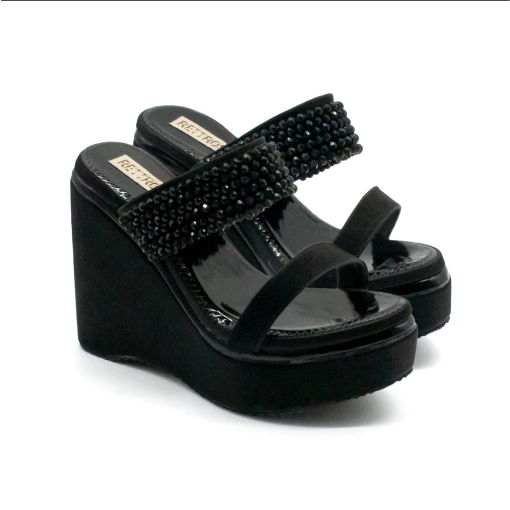 The Sara Black Luxury Handmade Women’s Wedge Heels – Embellished, Comfortable, Synthetic, 8.5cm Heel