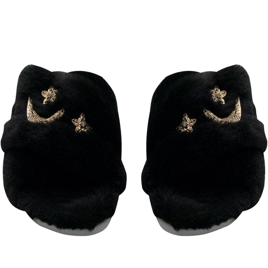 Isabel Black Luxury Plush Diamanté Embellished Handmade Slipper
