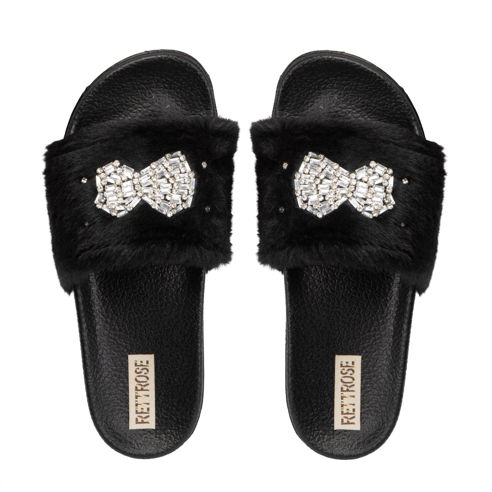 The Ava Noir Luxury Plush Diamanté Embellished Handmade Sliders | RETTROSE |
