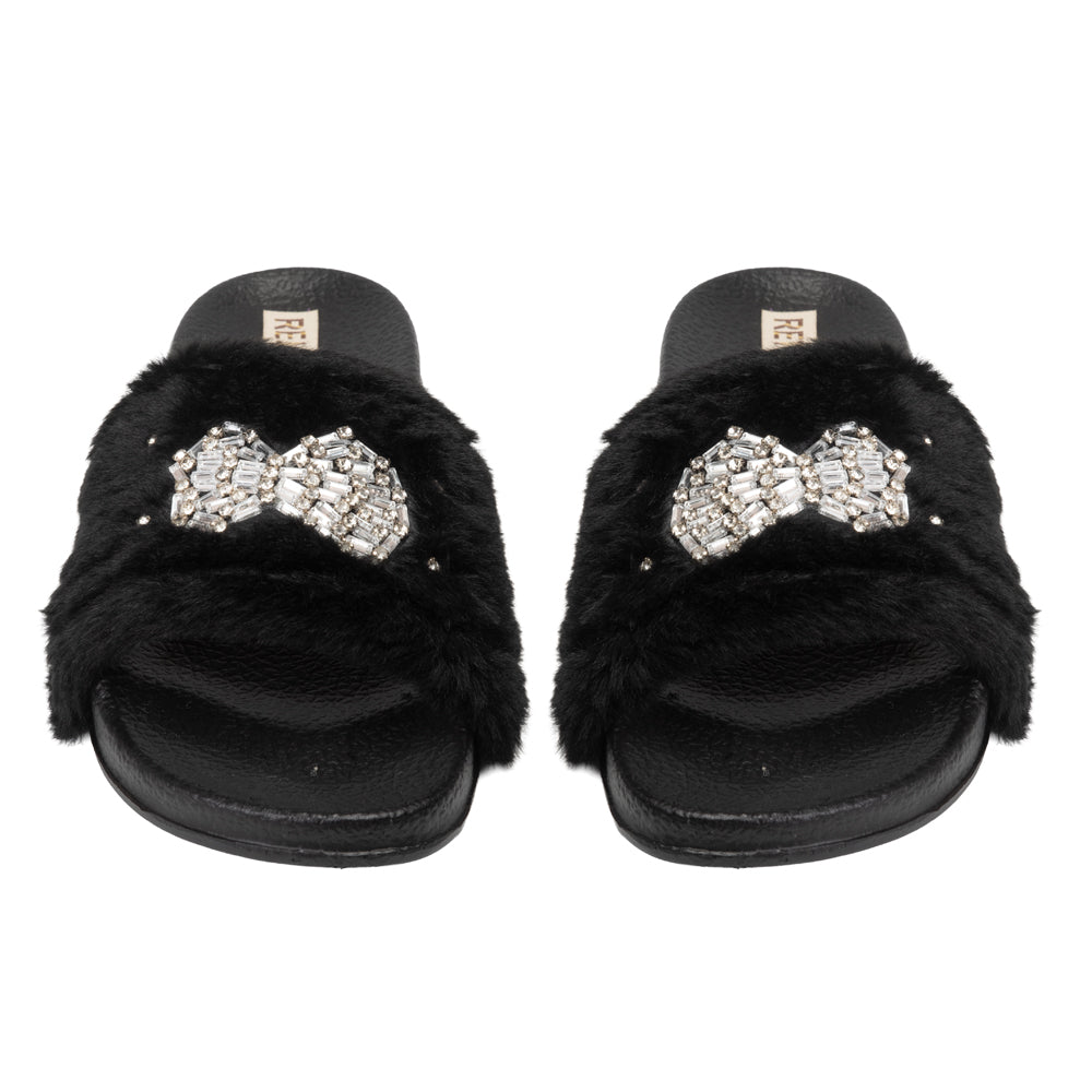 The Ava Noir Luxury Plush Diamanté Embellished Handmade Sliders | RETTROSE |