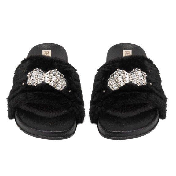 The Ava Noir Luxury Plush Diamanté Embellished Handmade Sliders | RETTROSE |