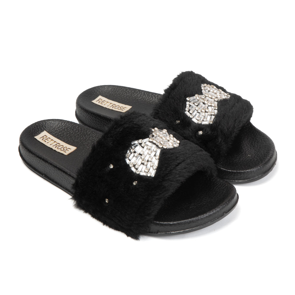 The Ava Noir Luxury Plush Diamanté Embellished Handmade Sliders | RETTROSE |
