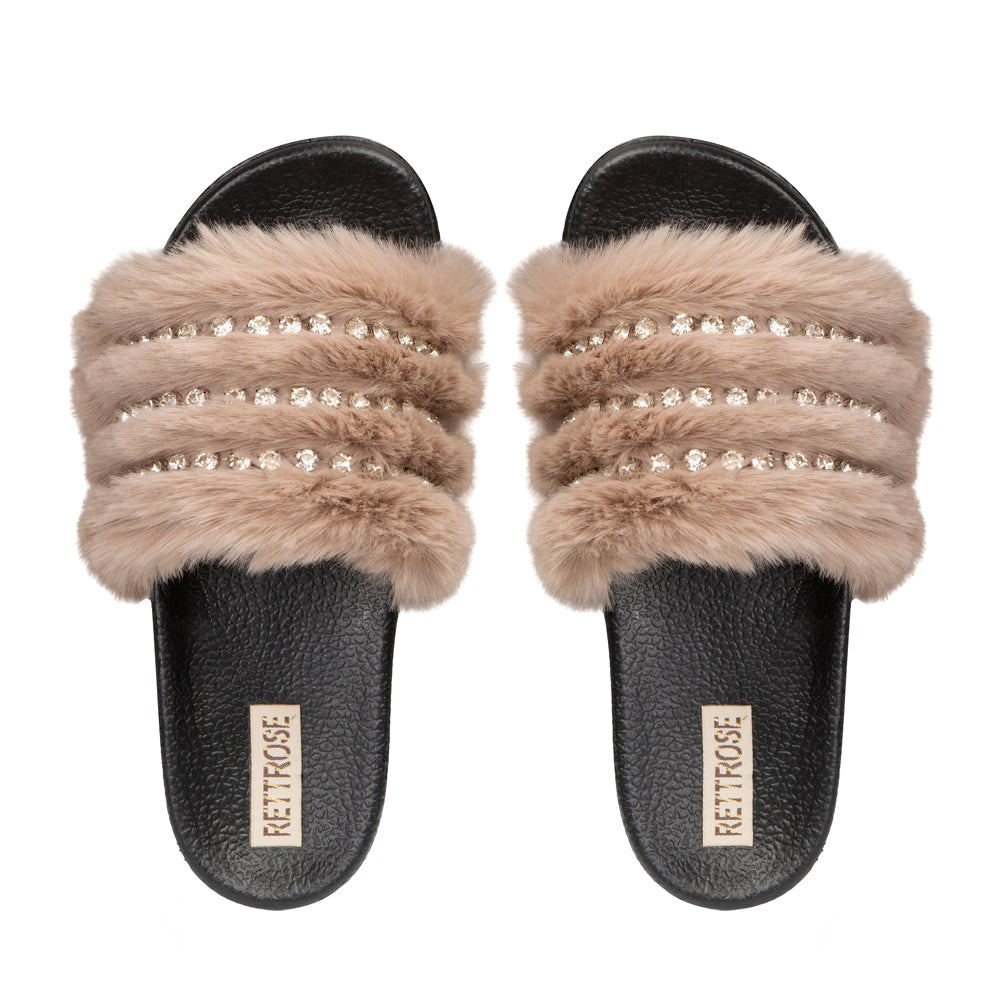 The Anita Mink Luxury Plush Diamanté Embellished Handmade Sliders | RETTROSE |