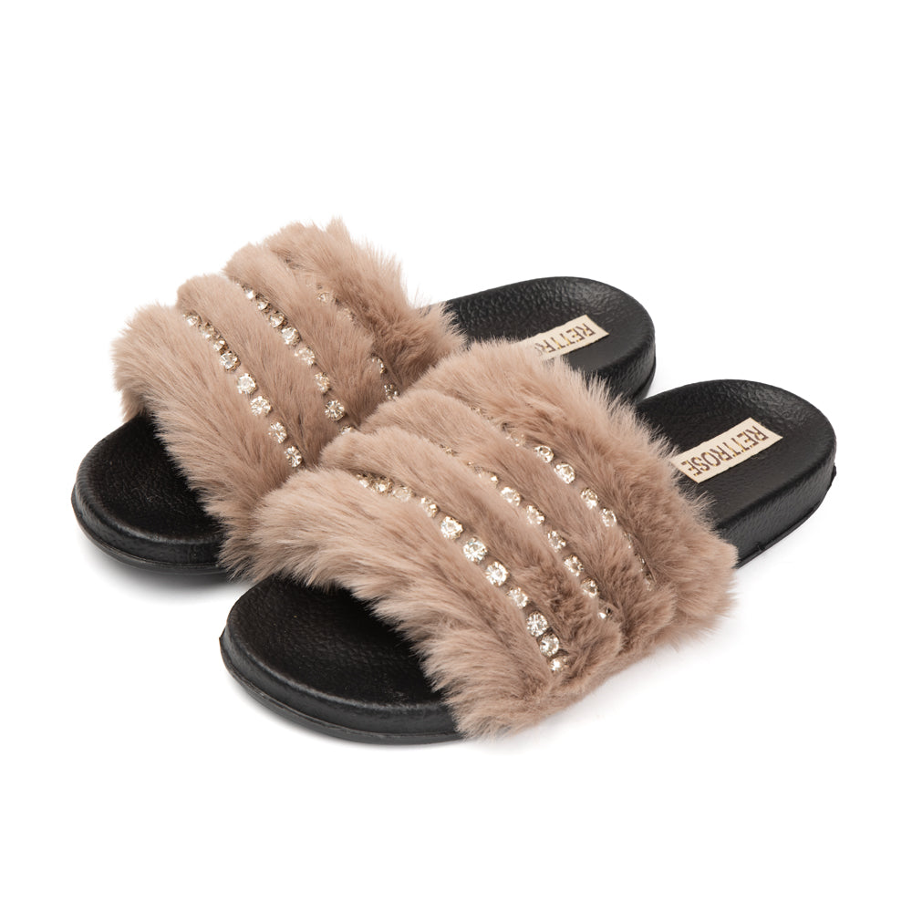 The Anita Mink Luxury Plush Diamanté Embellished Handmade Sliders | RETTROSE 
