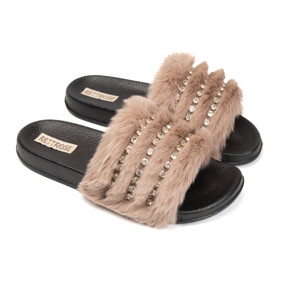 The Anita Mink Luxury Plush Diamanté Embellished Handmade Sliders | RETTROSE |