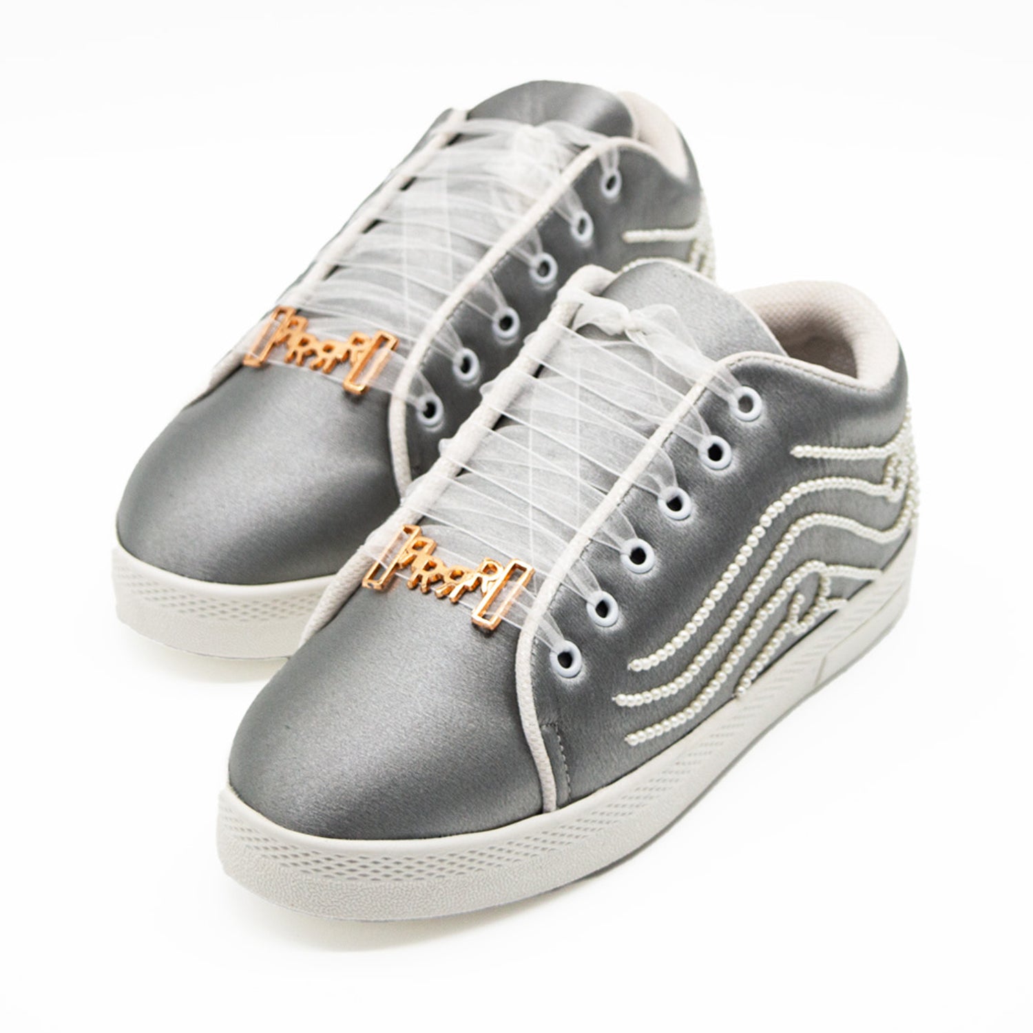 Clara Luxury Silver Satin Handmade Embellished Tennis Shoe