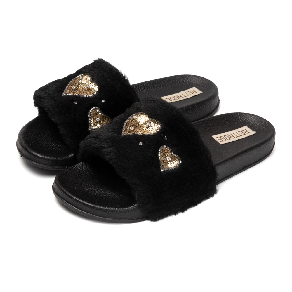 The Ella Noir Luxury Plush Diamanté Embellished Handmade Sliders | RETTROSE |