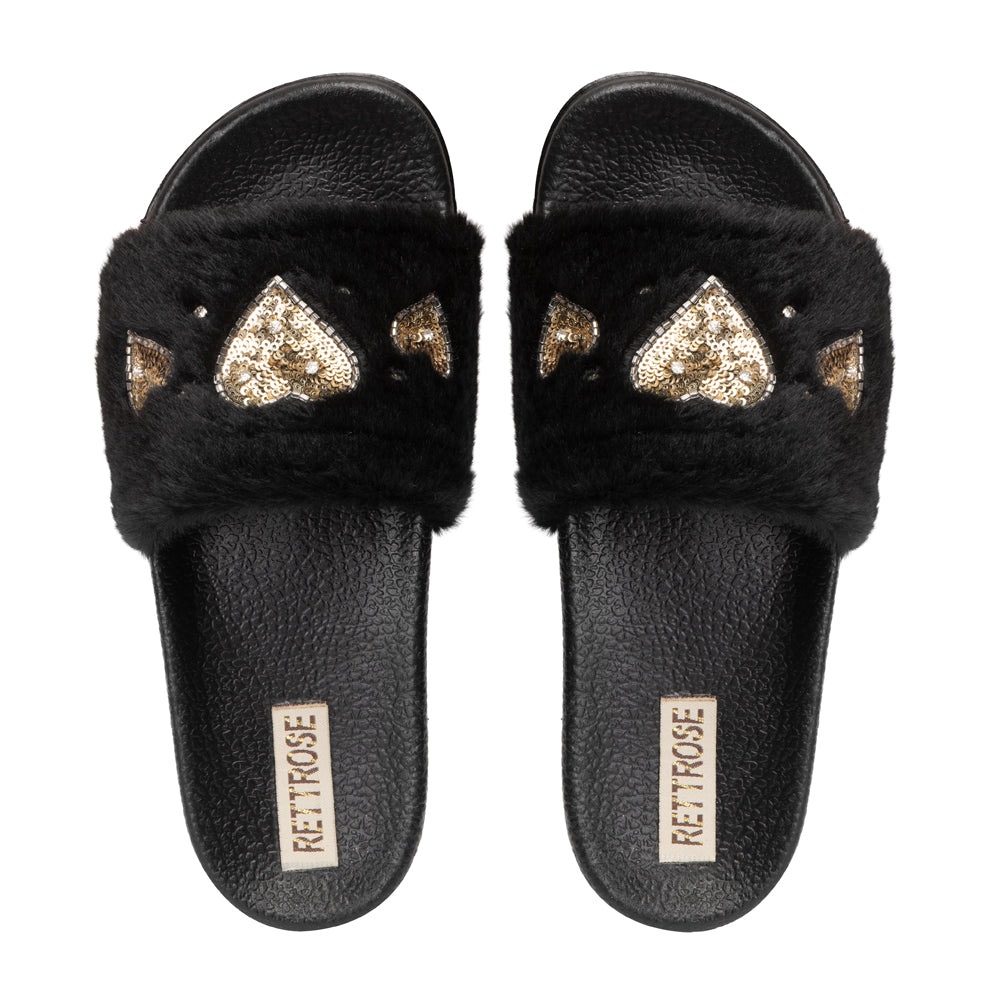The Ella Noir Luxury Plush Diamanté Embellished Handmade Sliders | RETTROSE |