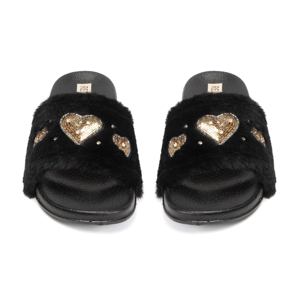 The Ella Noir Luxury Plush Diamanté Embellished Handmade Sliders | RETTROSE |