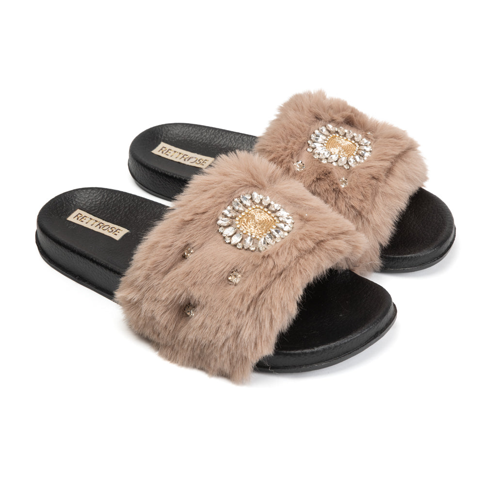 The Aubrey Mink Luxury Plush Diamanté Embellished Handmade Sliders | RETTROSE |