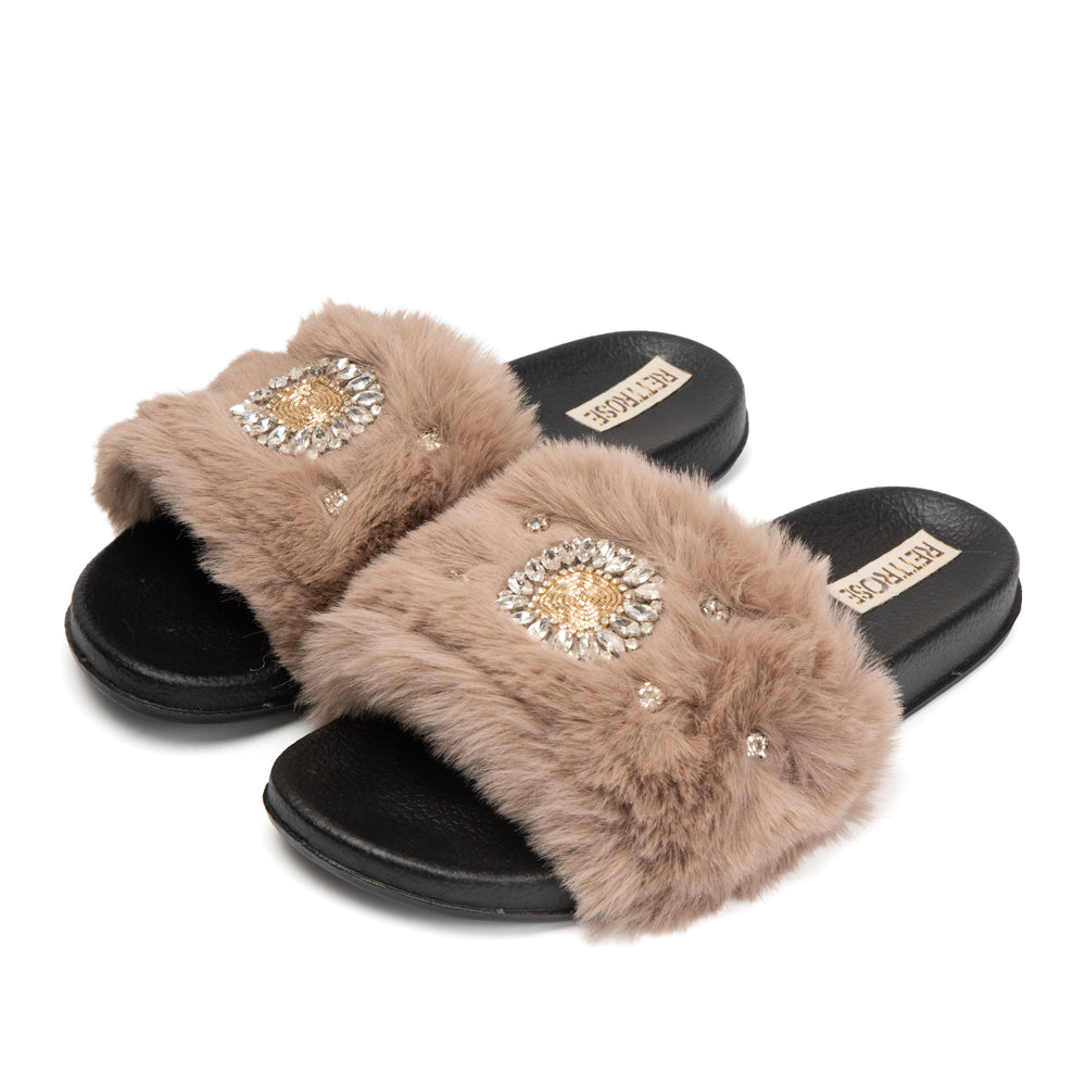 The Aubrey Mink Luxury Plush Diamanté Embellished Handmade Sliders | RETTROSE |
