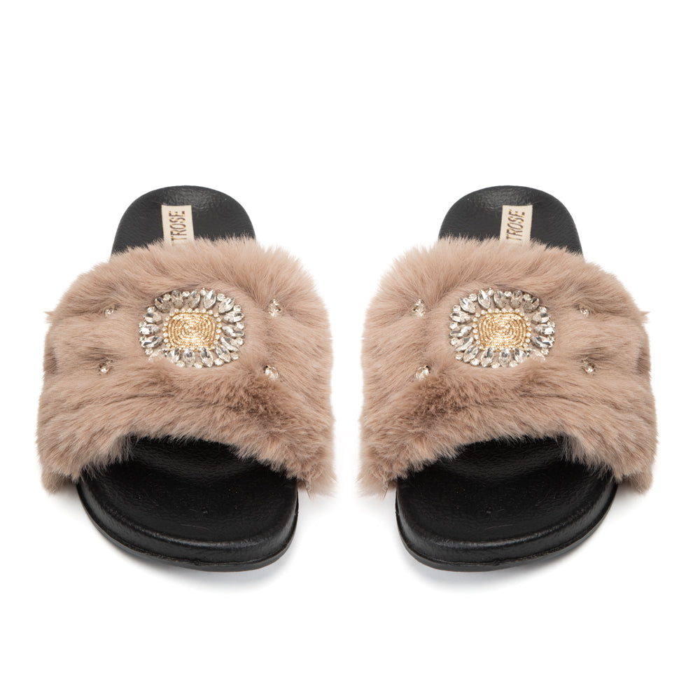 The Aubrey Mink Luxury Plush Diamanté Embellished Handmade Sliders | RETTROSE |