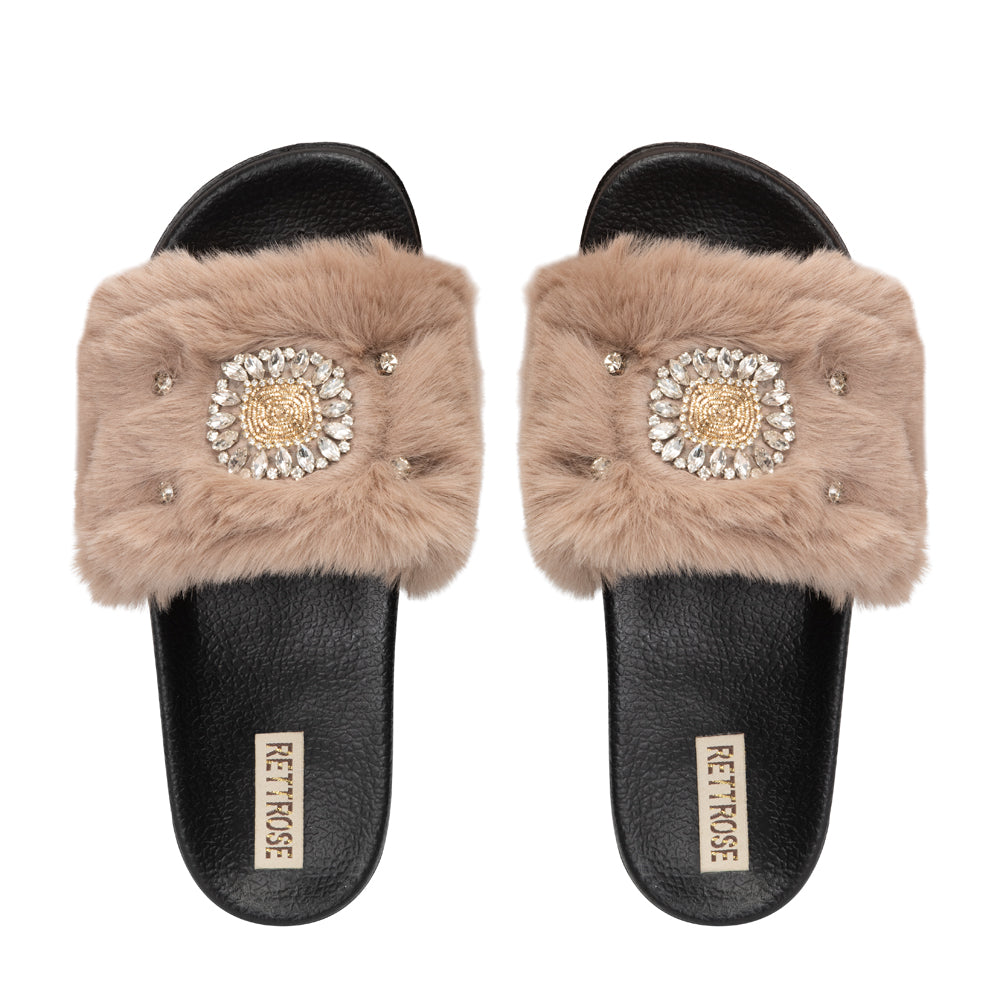The Aubrey Mink Luxury Plush Diamanté Embellished Handmade Sliders | RETTROSE |