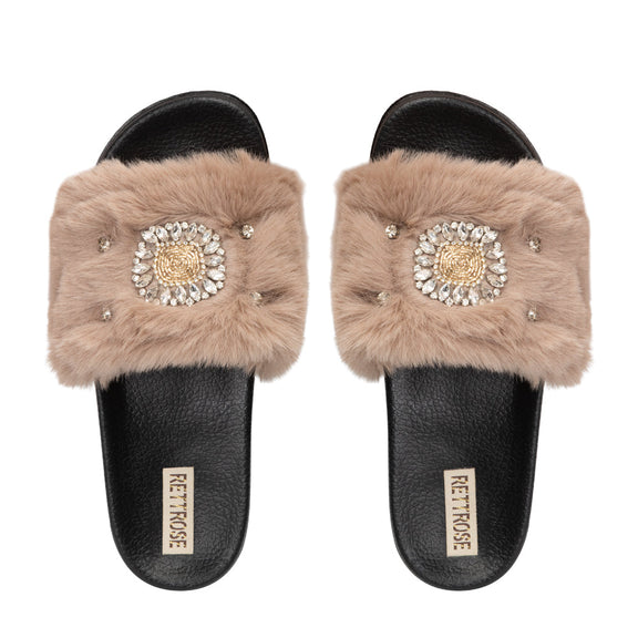 The Aubrey Mink Luxury Plush Diamanté Embellished Handmade Sliders | RETTROSE |