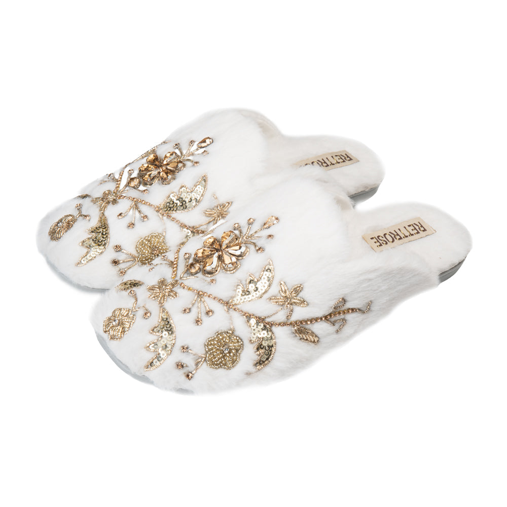The Annie Cream Luxury Handmade Women’s Slippers – Faux Fur Front-Covered, Comfortable, White & Cream Diamanté Embellished