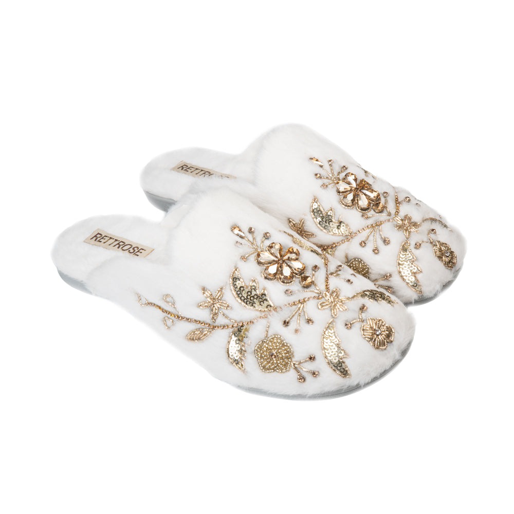 The Annie Cream Luxury Handmade Women’s Slippers – Faux Fur Front-Covered, Comfortable, White & Cream Diamanté Embellished