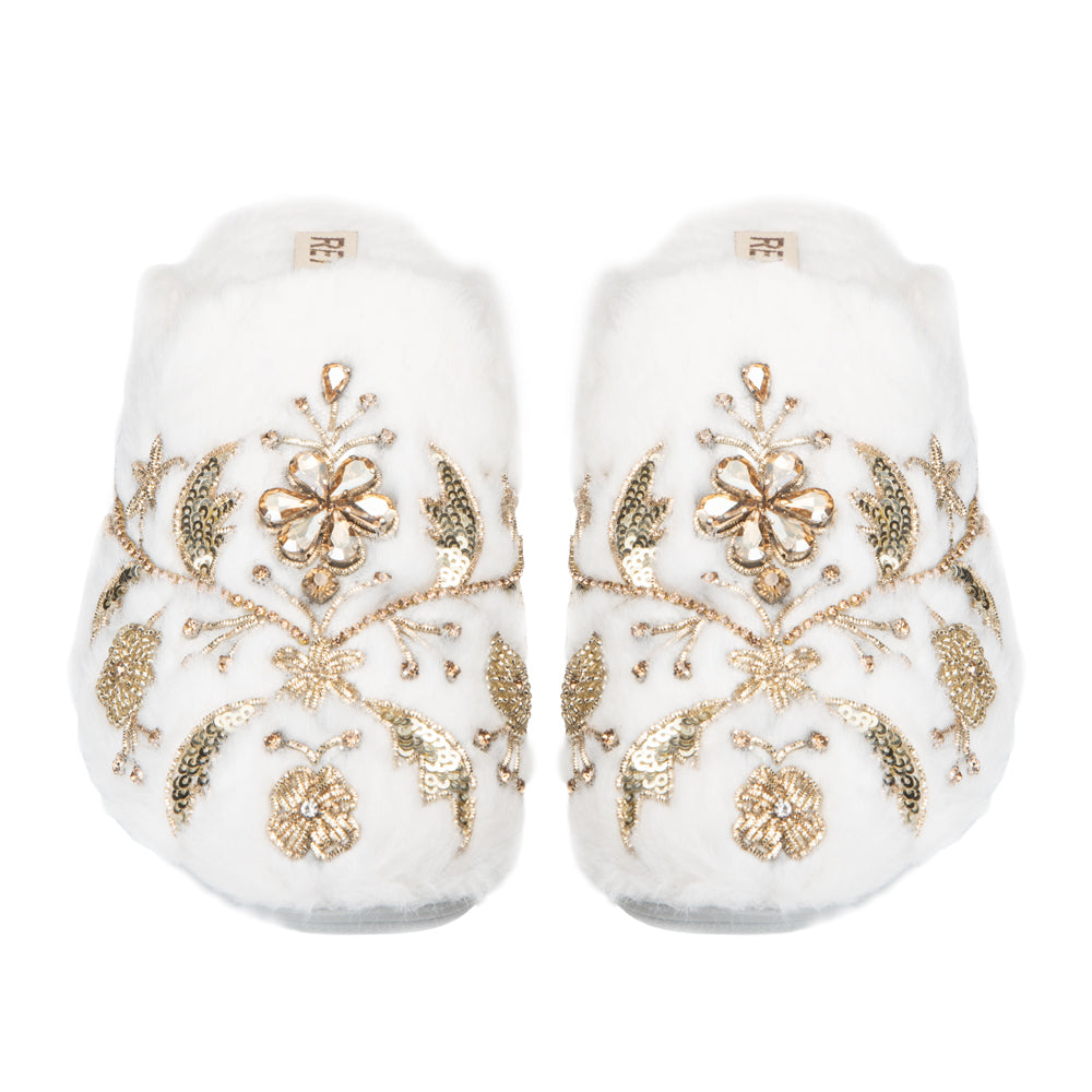 The Annie Cream Luxury Handmade Women’s Slippers – Faux Fur Front-Covered, Comfortable, White & Cream Diamanté Embellished