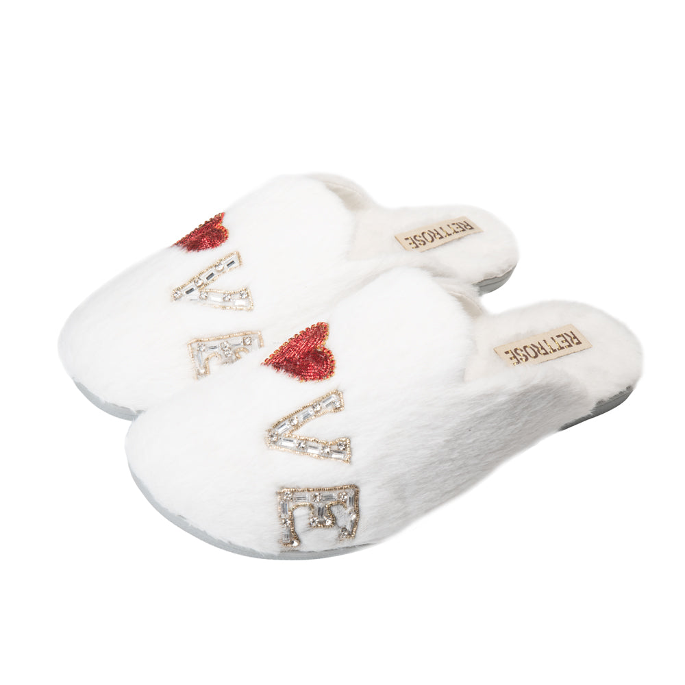 RETTROSE Anastasia Cream Women’s Luxury Slippers – Handmade White Faux Fur Slippers with Diamanté Love Appliqué | RETTROSE