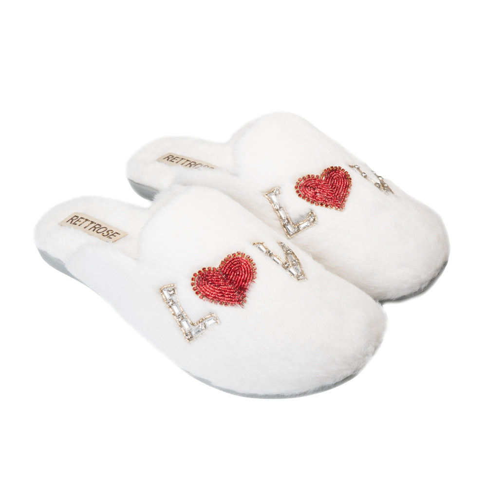 RETTROSE Anastasia Cream Women’s Luxury Slippers – Handmade White Faux Fur Slippers with Diamanté Love Appliqué | RETTROSE