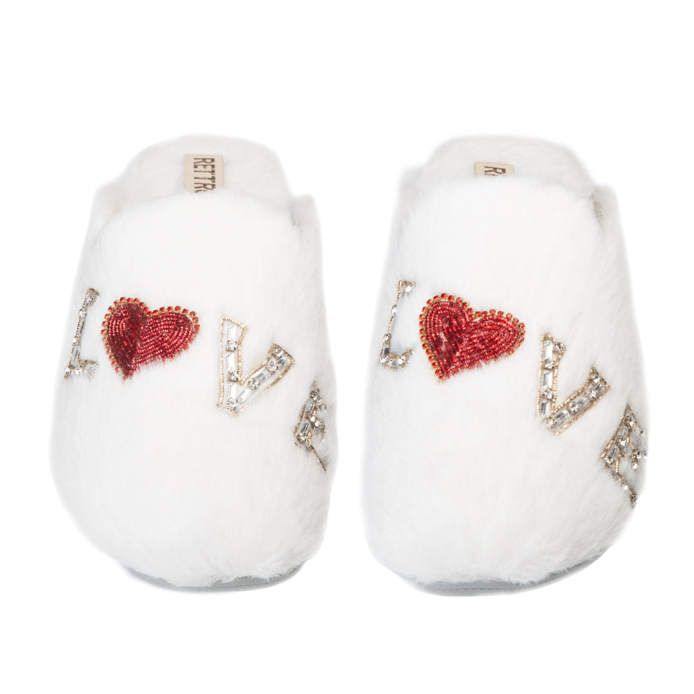 RETTROSE Anastasia Cream Women’s Luxury Slippers – Handmade White Faux Fur Slippers with Diamanté Love Appliqué | RETTROSE