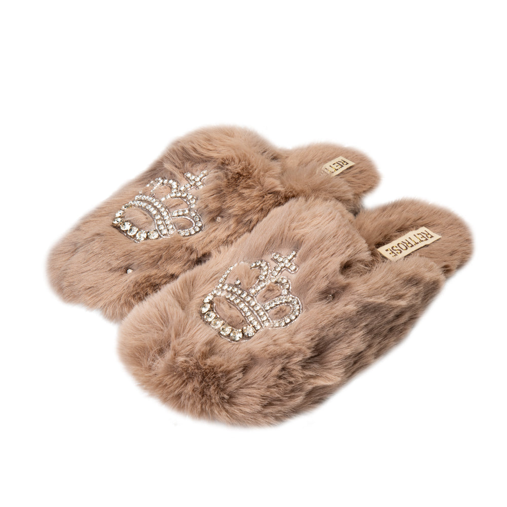 Finley Beige Luxury Faux Fur Comfortable Diamanté Embellished Women’s Slippers for women