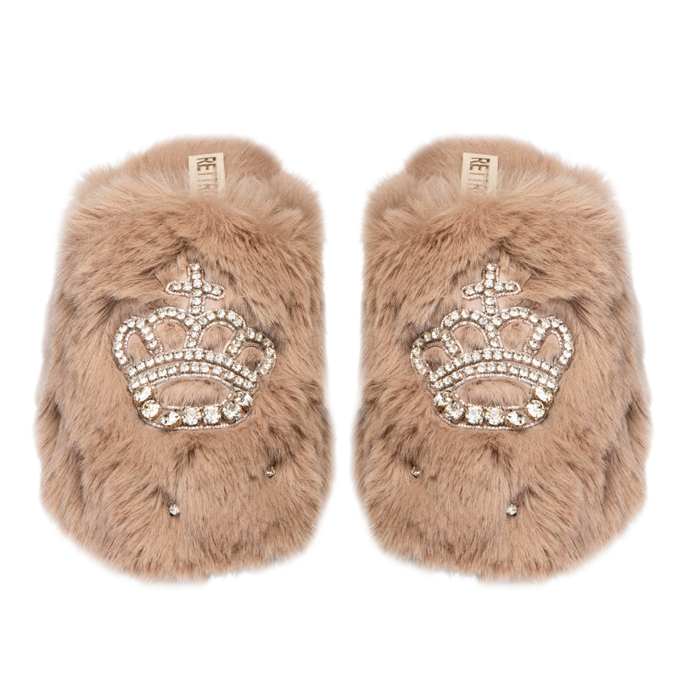Finley Beige Luxury Faux Fur Comfortable Diamanté Embellished Women’s Slippers for women