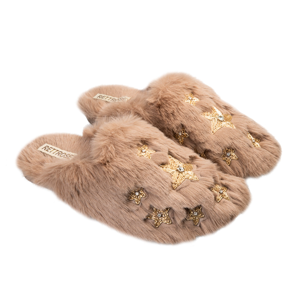 RETTROSE Saylor Women’s Beige Luxury Faux Fur Slippers – Handmade Plush Indoor Slides with Diamanté Star Embellishment