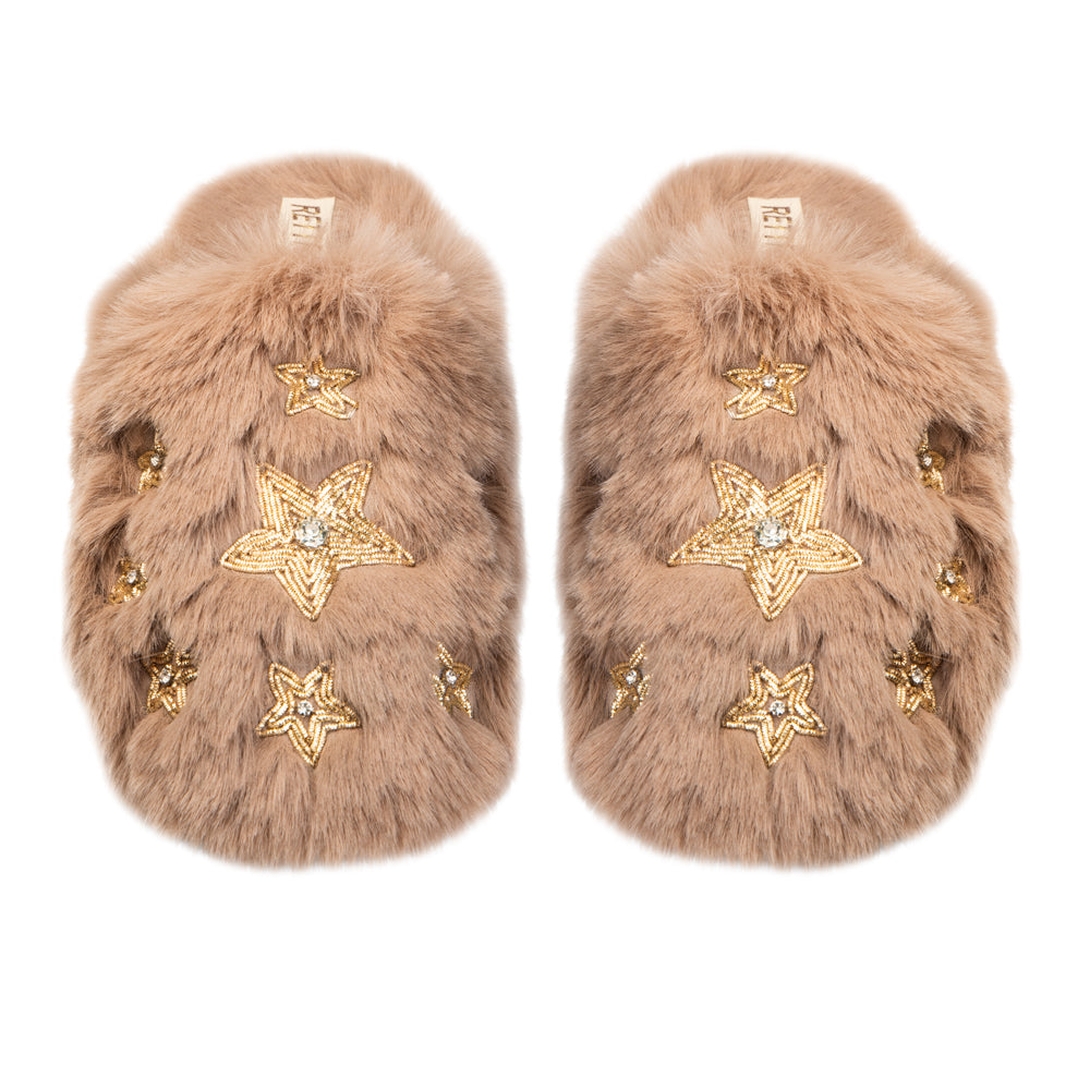 RETTROSE Saylor Women’s Beige Luxury Faux Fur Slippers – Handmade Plush Indoor Slides with Diamanté Star Embellishment