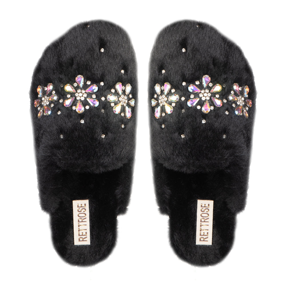RETTROSE Kamila Black Women’s Luxury Slippers – Plush Handmade Faux Fur Slippers with Diamanté Embellishment by RETTROSE