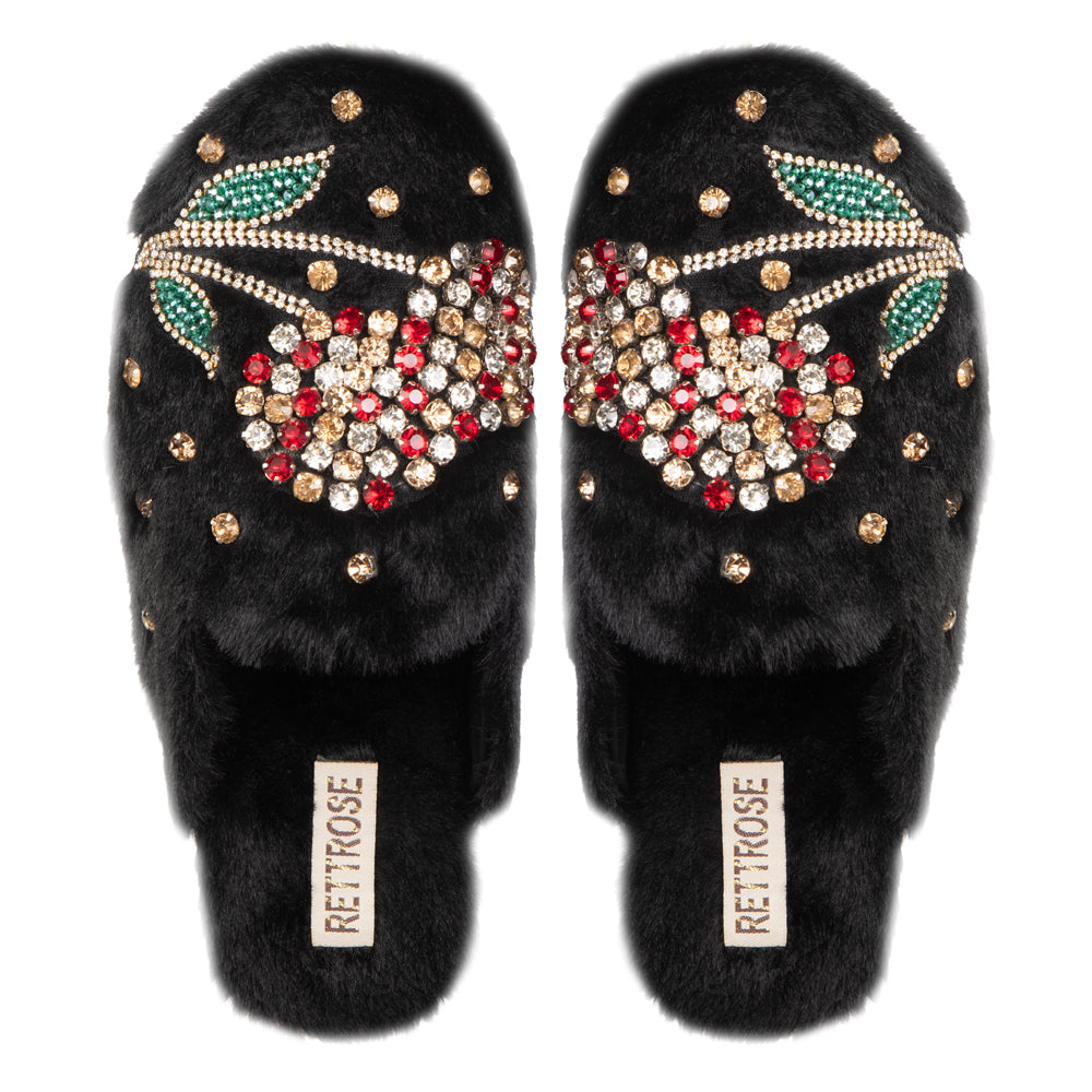 The Georgie Black Luxury Handmade Women’s Slippers – Full Faux Fur Front-Covered, Comfortable Rubber Sole, Diamanté Embellished