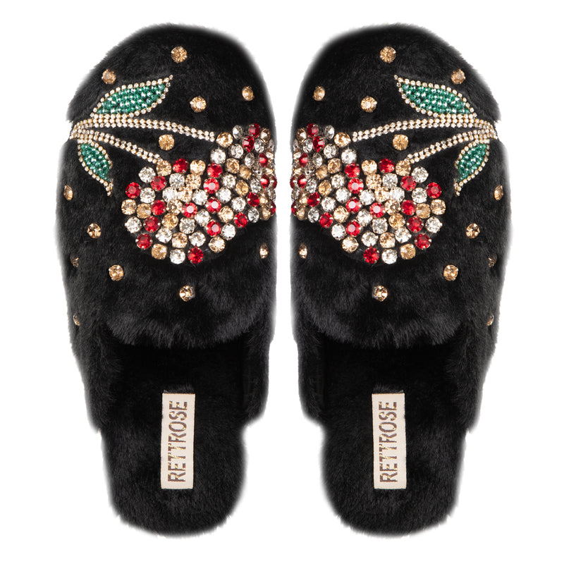 Georgie  Black Luxury Plush Diamanté Embellished Handmade Slipper