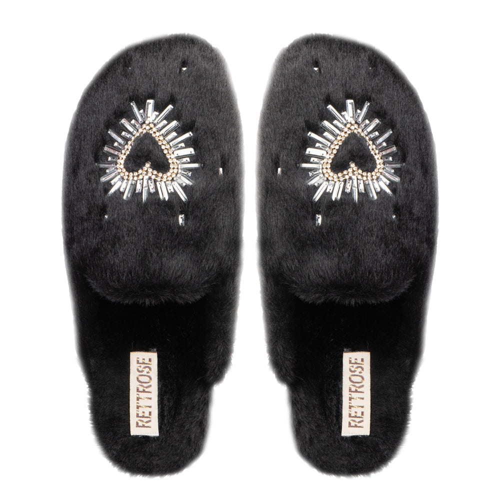 Noelle Black Luxury Faux Fur Comfortable Heart Diamanté Embellished Women’s Handmade Slippers