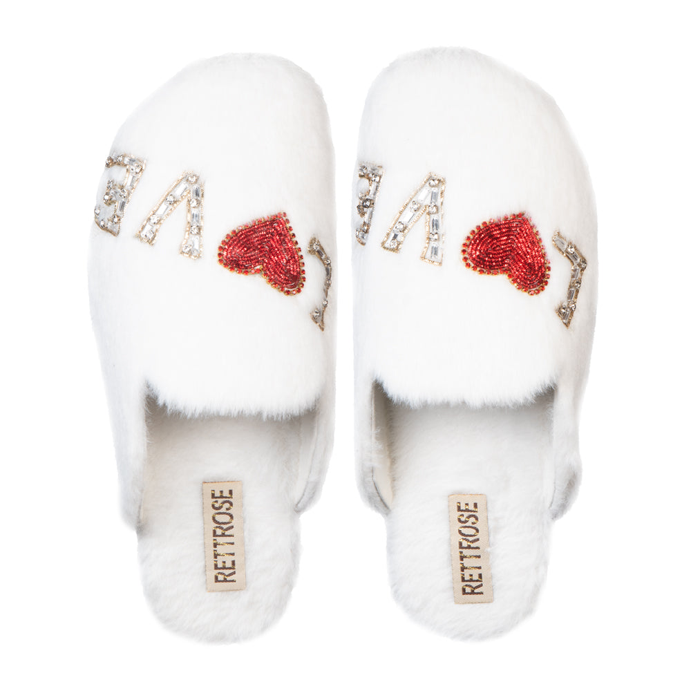 RETTROSE Anastasia Cream Women’s Luxury Slippers – Handmade White Faux Fur Slippers with Diamanté Love Appliqué | RETTROSE