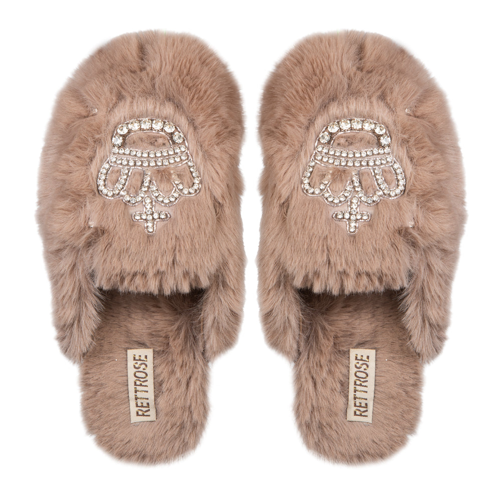 Finley Beige Luxury Faux Fur Comfortable Diamanté Embellished Women’s Slippers for women