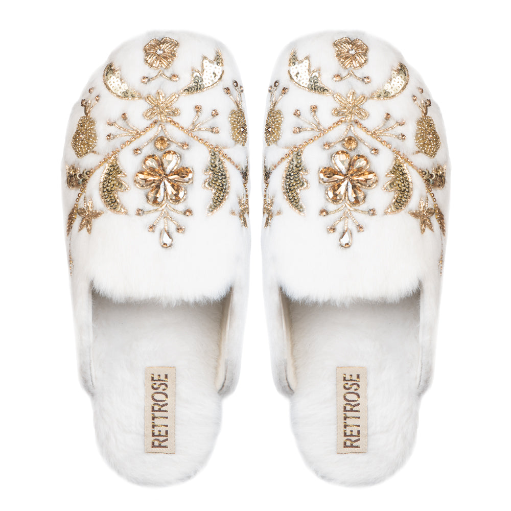The Annie Cream Luxury Handmade Women’s Slippers – Faux Fur Front-Covered, Comfortable, White & Cream Diamanté Embellished