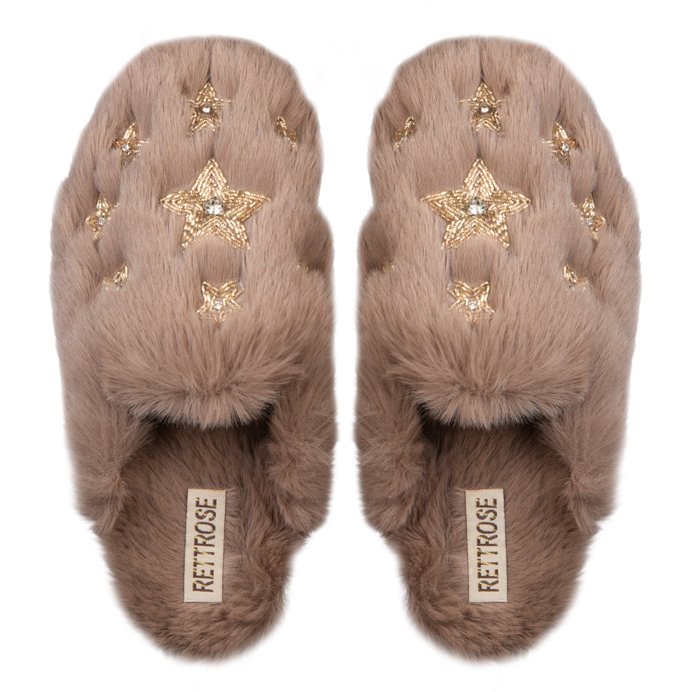 RETTROSE Saylor Women’s Beige Luxury Faux Fur Slippers – Handmade Plush Indoor Slides with Diamanté Star Embellishment
