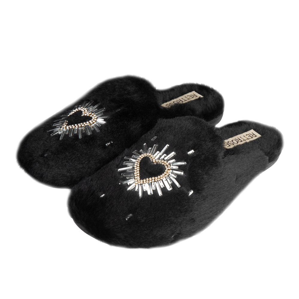 Noelle Black Luxury Faux Fur Comfortable Heart Diamanté Embellished Women’s Handmade Slippers