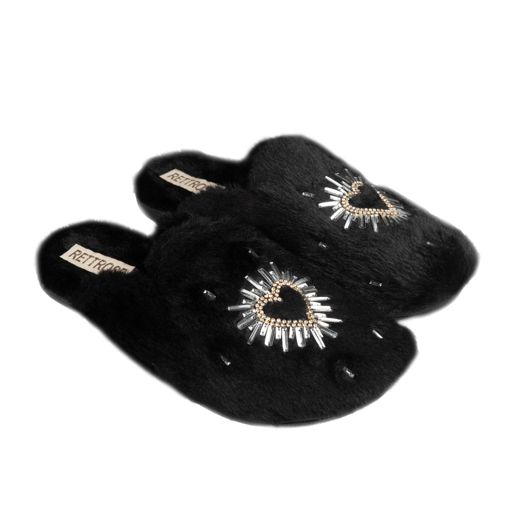 Noelle Black Luxury Faux Fur Comfortable Heart Diamanté Embellished Women’s Handmade Slippers