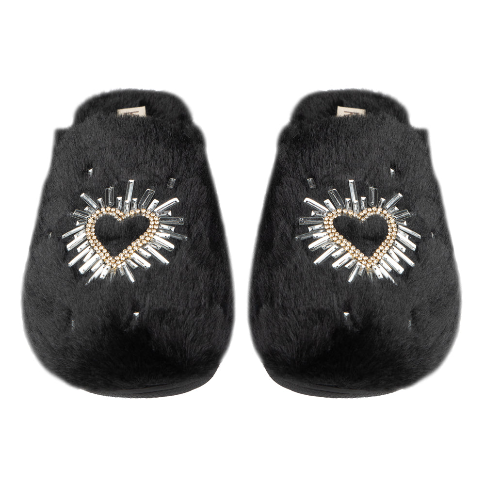Noelle Black Luxury Faux Fur Comfortable Heart Diamanté Embellished Women’s Handmade Slippers