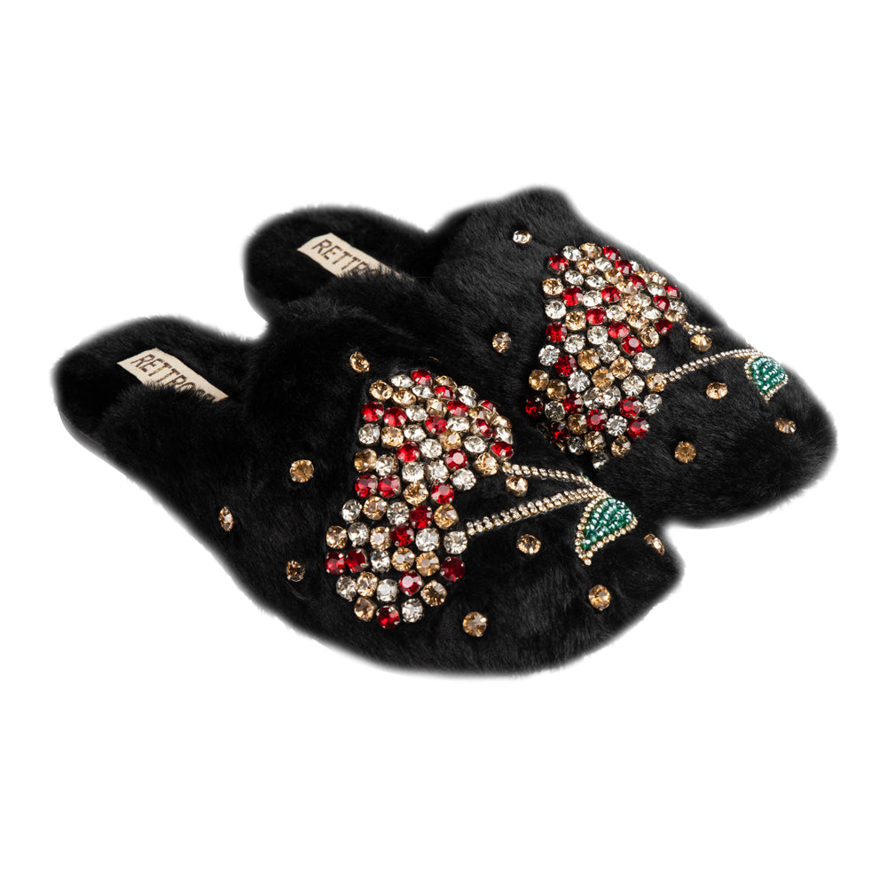 The Georgie Black Luxury Handmade Women’s Slippers – Full Faux Fur Front-Covered, Comfortable Rubber Sole, Diamanté Embellished
