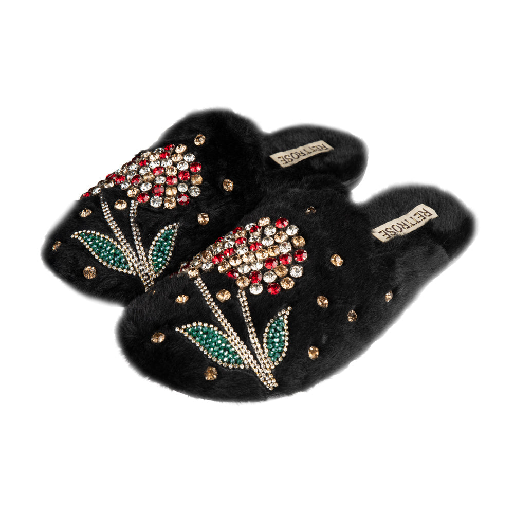 The Georgie Black Luxury Handmade Women’s Slippers – Full Faux Fur Front-Covered, Comfortable Rubber Sole, Diamanté Embellished