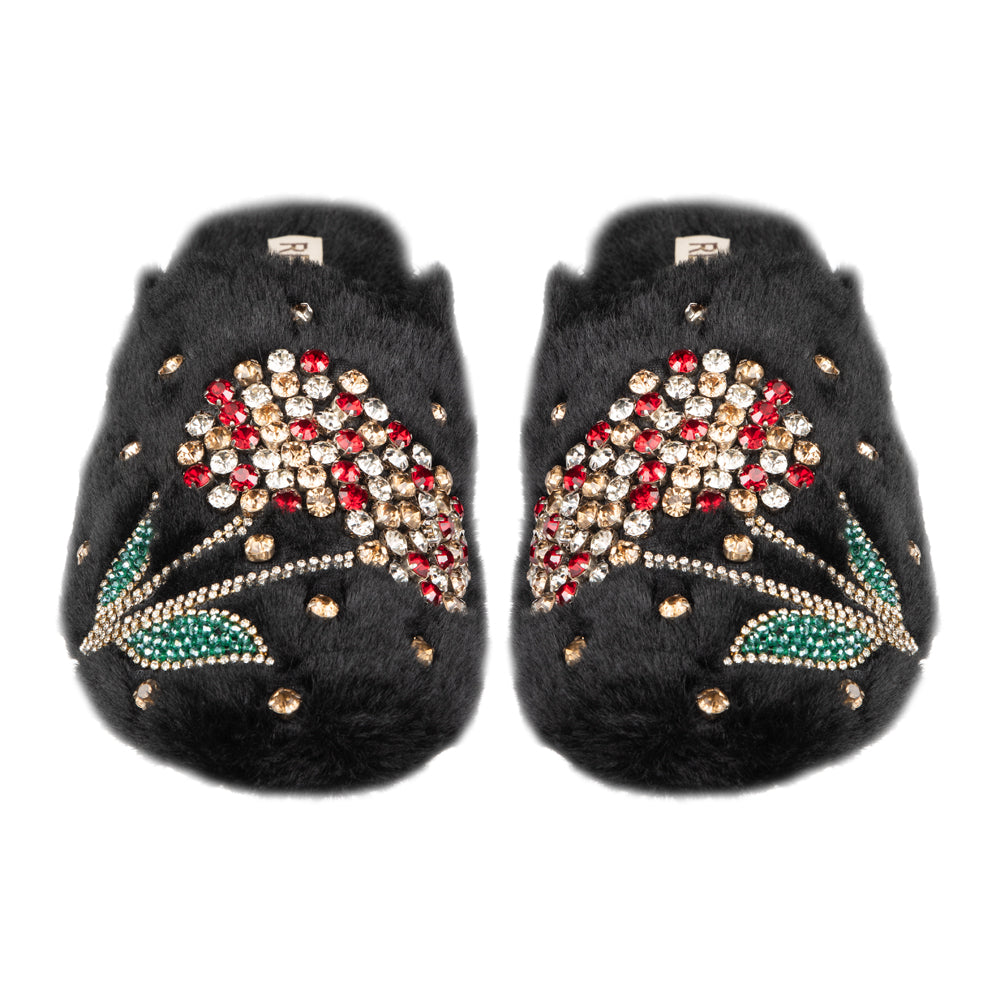 The Georgie Black Luxury Handmade Women’s Slippers – Full Faux Fur Front-Covered, Comfortable Rubber Sole, Diamanté Embellished