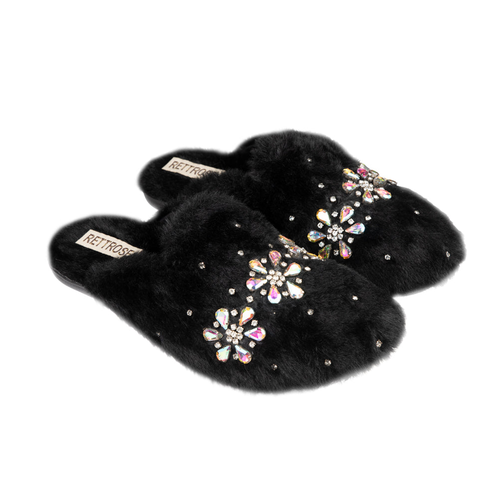 RETTROSE Kamila Black Women’s Luxury Slippers – Plush Handmade Faux Fur Slippers with Diamanté Embellishment by RETTROSE