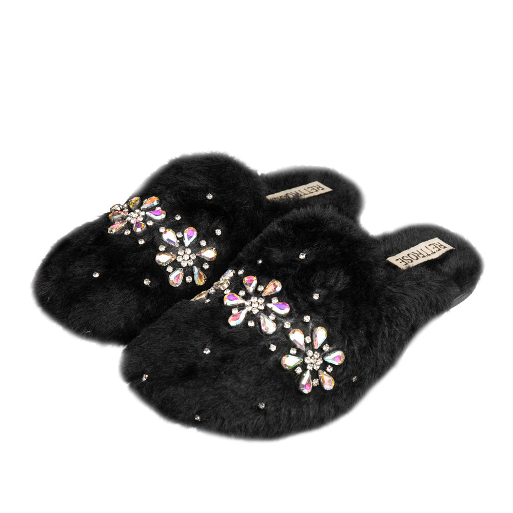 RETTROSE Kamila Black Women’s Luxury Slippers – Plush Handmade Faux Fur Slippers with Diamanté Embellishment by RETTROSE
