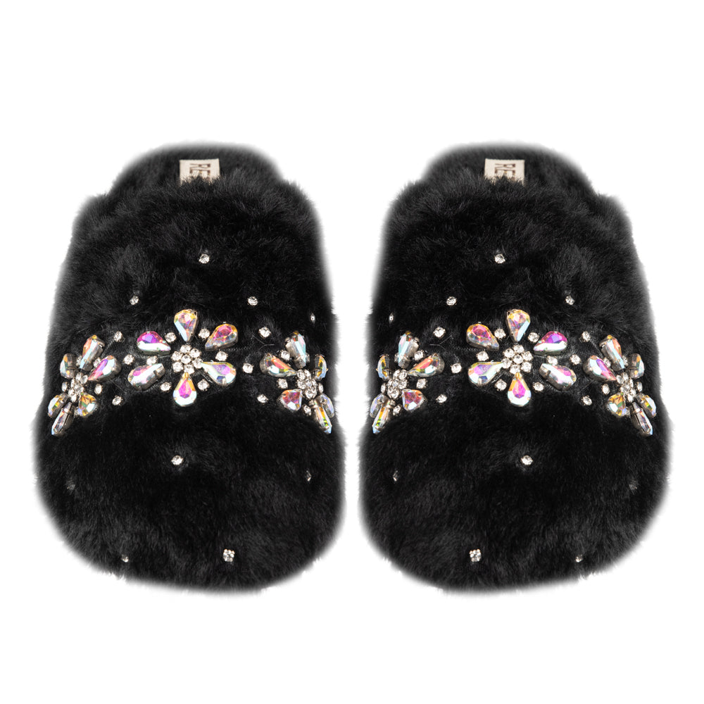 RETTROSE Kamila Black Women’s Luxury Slippers – Plush Handmade Faux Fur Slippers with Diamanté Embellishment by RETTROSE