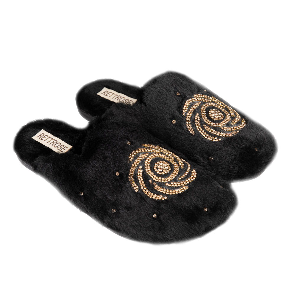 Morgan Black Luxury Faux Fur Comfortable Diamanté Embellished Women’s Handmade Slippers